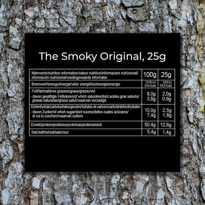 Nährwertangaben für Simple Jerky Smokey Original, 25g – Kalorien, Fett, Kohlenhydrate, Eiweiß und Salzgehalt.